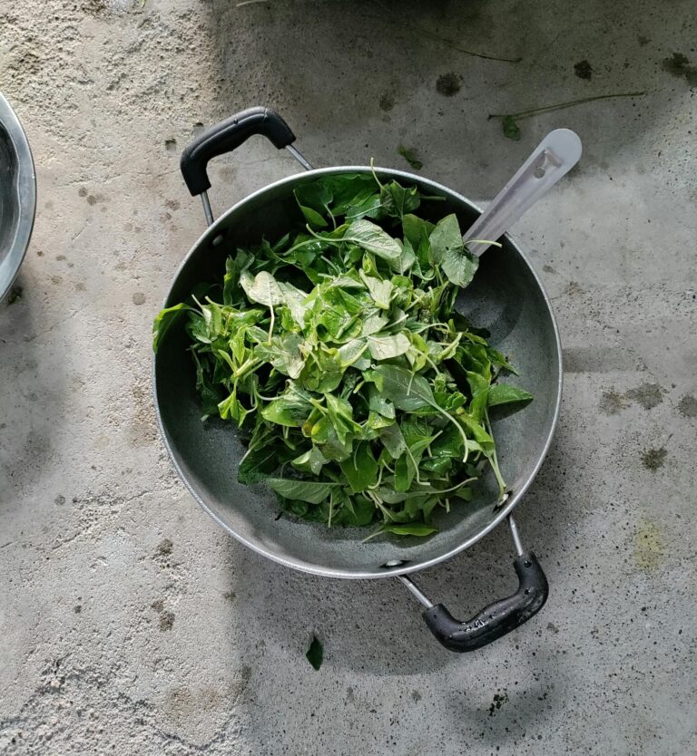 High-angle view of fresh spinach leaves in a pan, perfect for healthy cooking themes.